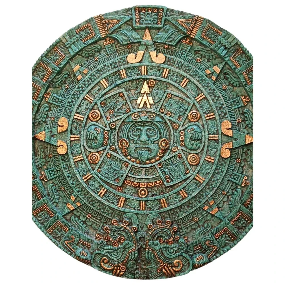 Vtg Large 17” Aztec Sun Wall Calendar Green Crushed Malachite Stone Mayan Felted